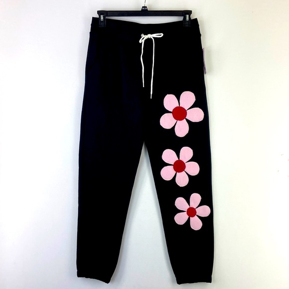 Reworked Up Cycled Flower Black Joggers Size M - Picture 7 of 7